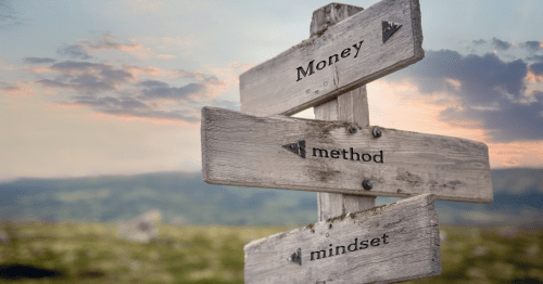 Directional signs for money, method, mindset pointing to different directions